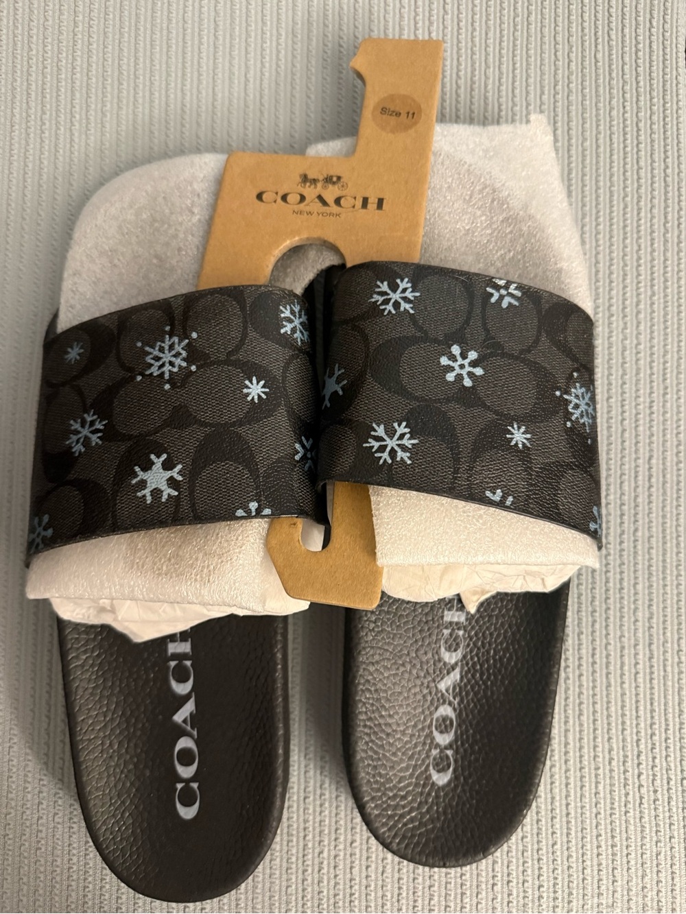 Coach Black Signature Snowflake Slide Sandals with Light Blue Accents - Kids